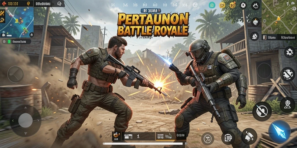 Screenshot gameplay menampilkan aksi intens dalam pertempuran Battle Royale.