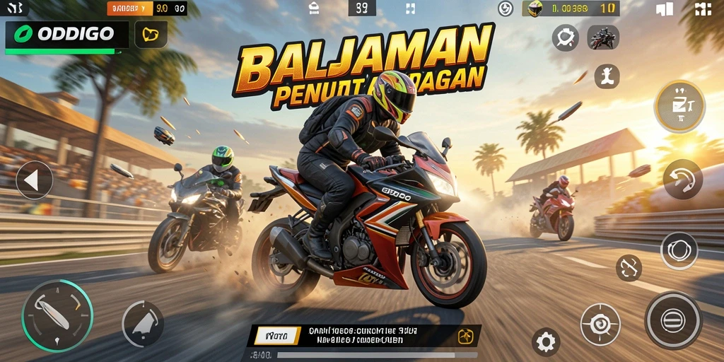 Screenshot gameplay ODDIGO yang menunjukkan aksi balapan motor yang mendebarkan.