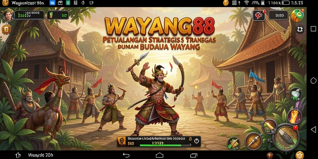 Screenshot gameplay WAYANG88 menampilkan pertarungan karakter wayang yang mendebarkan.